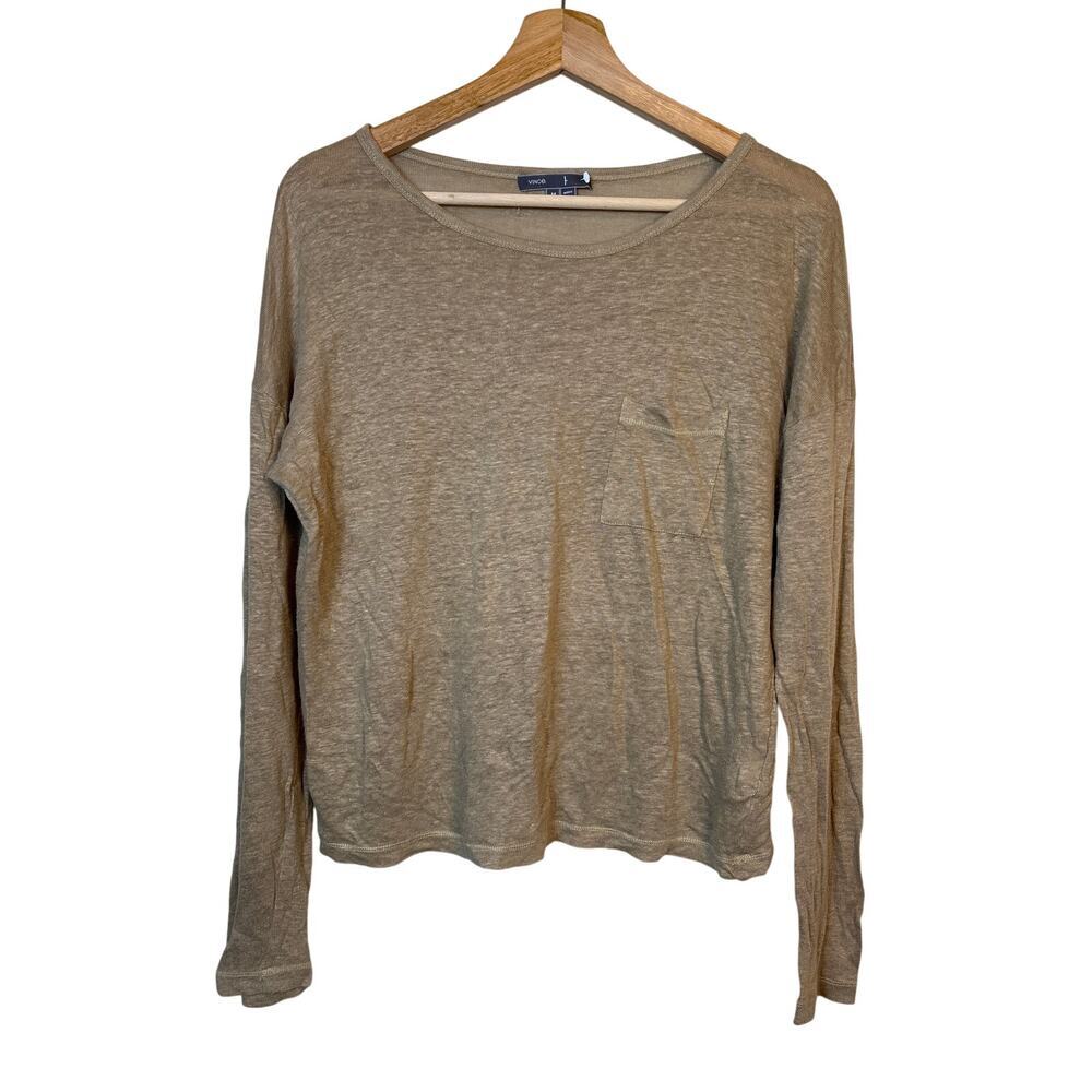 Vince 100% Linen Long Sleeve Top Medium Beige Minimal Chest Pocket Quiet Luxury